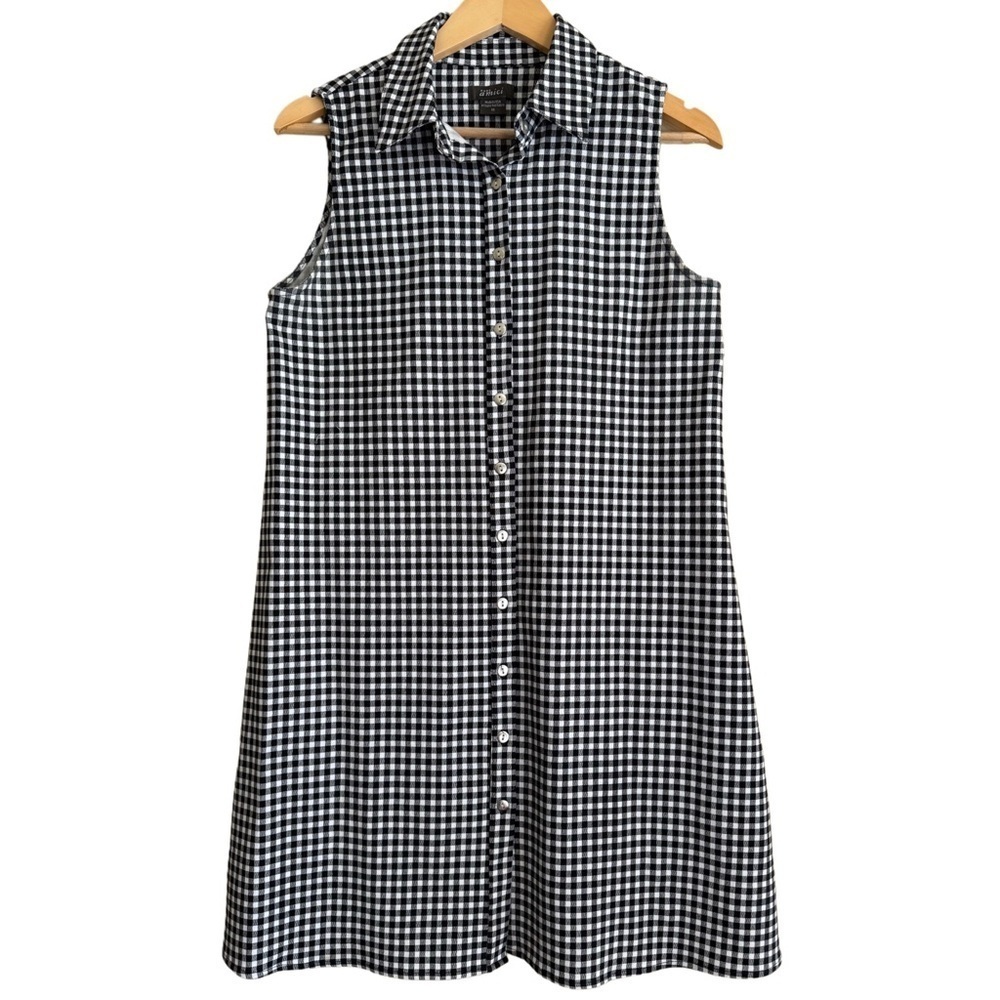 PURE AMICI Minimalist Stretchy Gingham Sleeveless Button Down Shirt Dress Size M